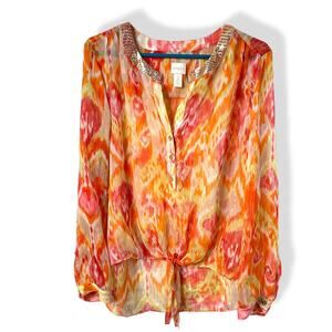 Chico’s blouse high-low tie front gauze embellished 2 or L
